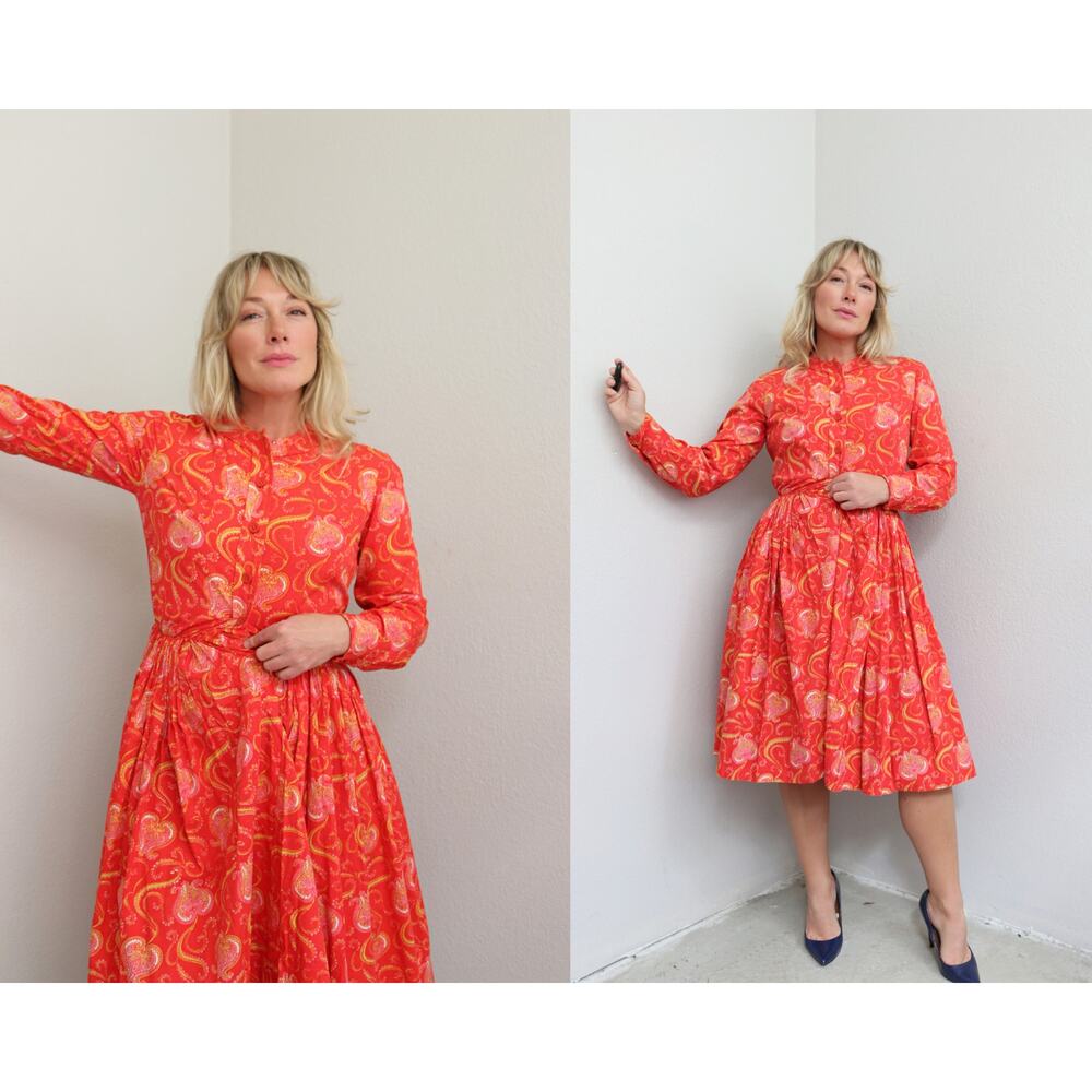 1960's Vintage LORD & TAYLOR Crimson Paisley Cotton Midi Dress ~ Women's XXS